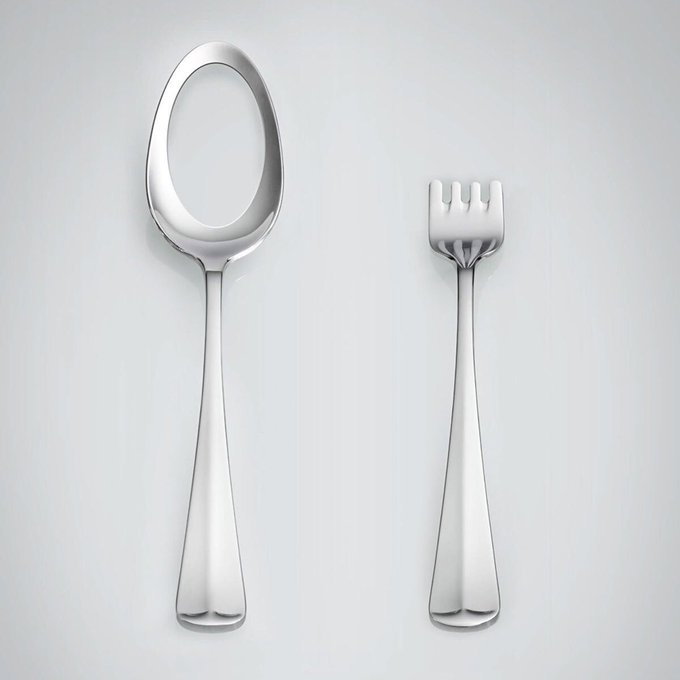A picture of a spoon with a huge hole in it and a fork with super short tines