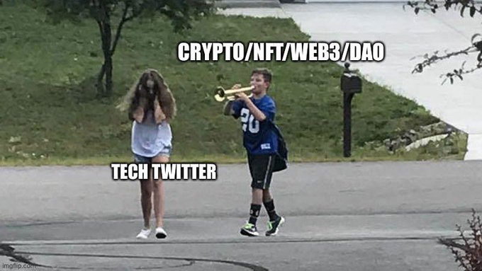 A meme. A boy with a trumped follows a girl that covers her ears. Text on the boy reads "crypto/nft/web3/dao", text on the girl reads "tech twitter"