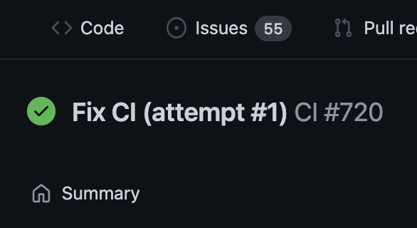Screenshot of GitHub Actions showing successful run for commit "Fix CI (attempt #1)"